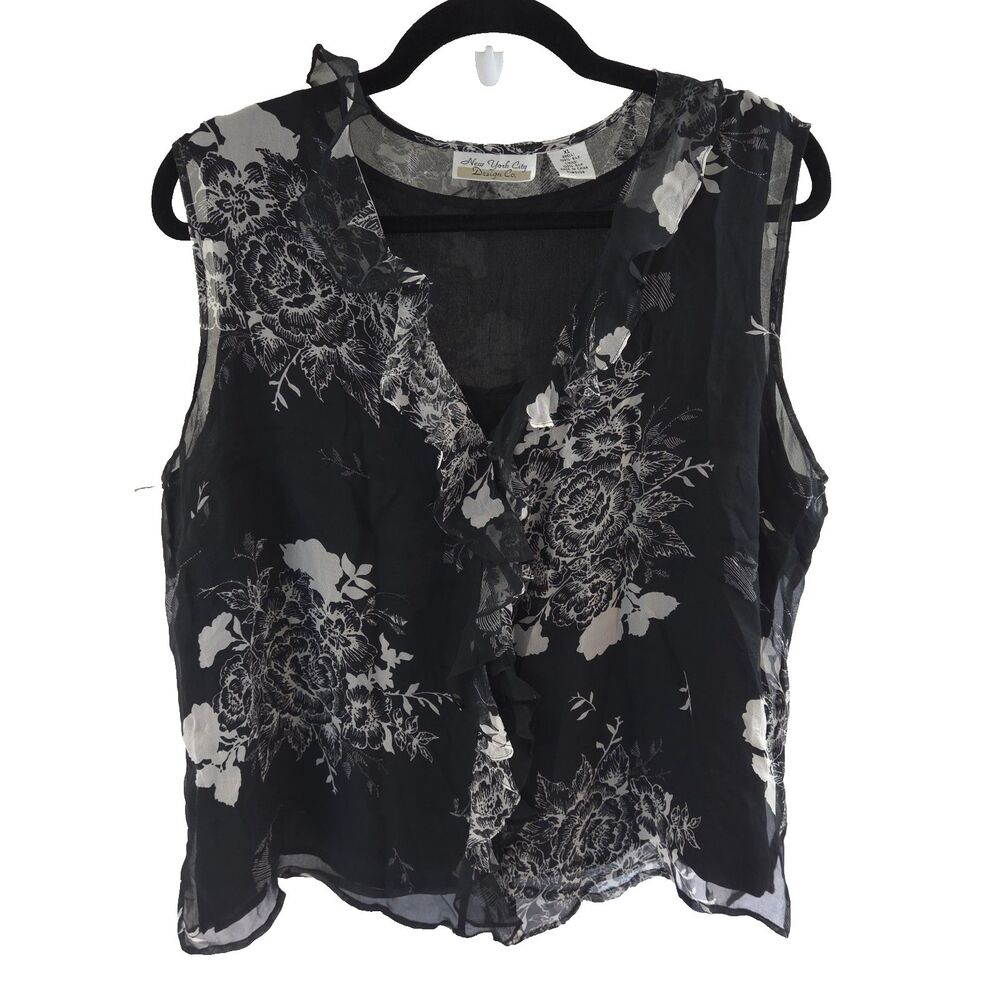 VTG Y2K Semi Sheer 100% Silk Floral Ruffle Top XL Whimsigoth Dark Coquette